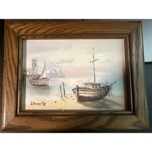 Vintage Miniature Oil on Board Nautical Painting signed Lacoste on Wood Frame